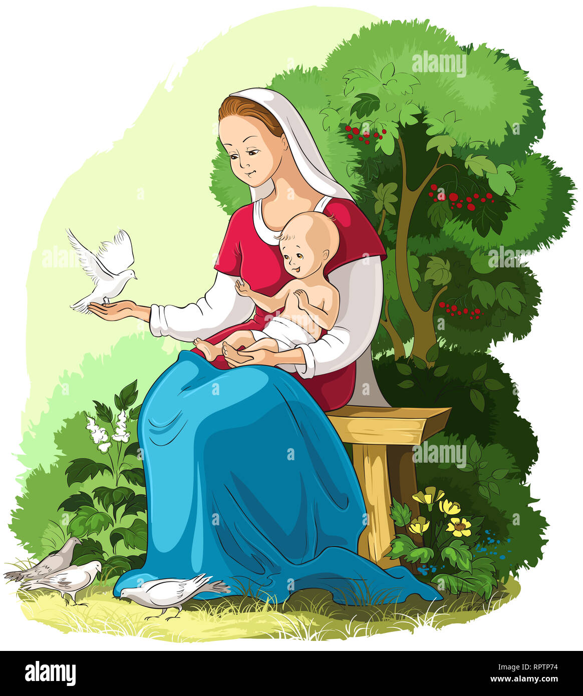 Mère Marie portant l'enfant Jésus cartoon illustration chrétienne Banque D'Images