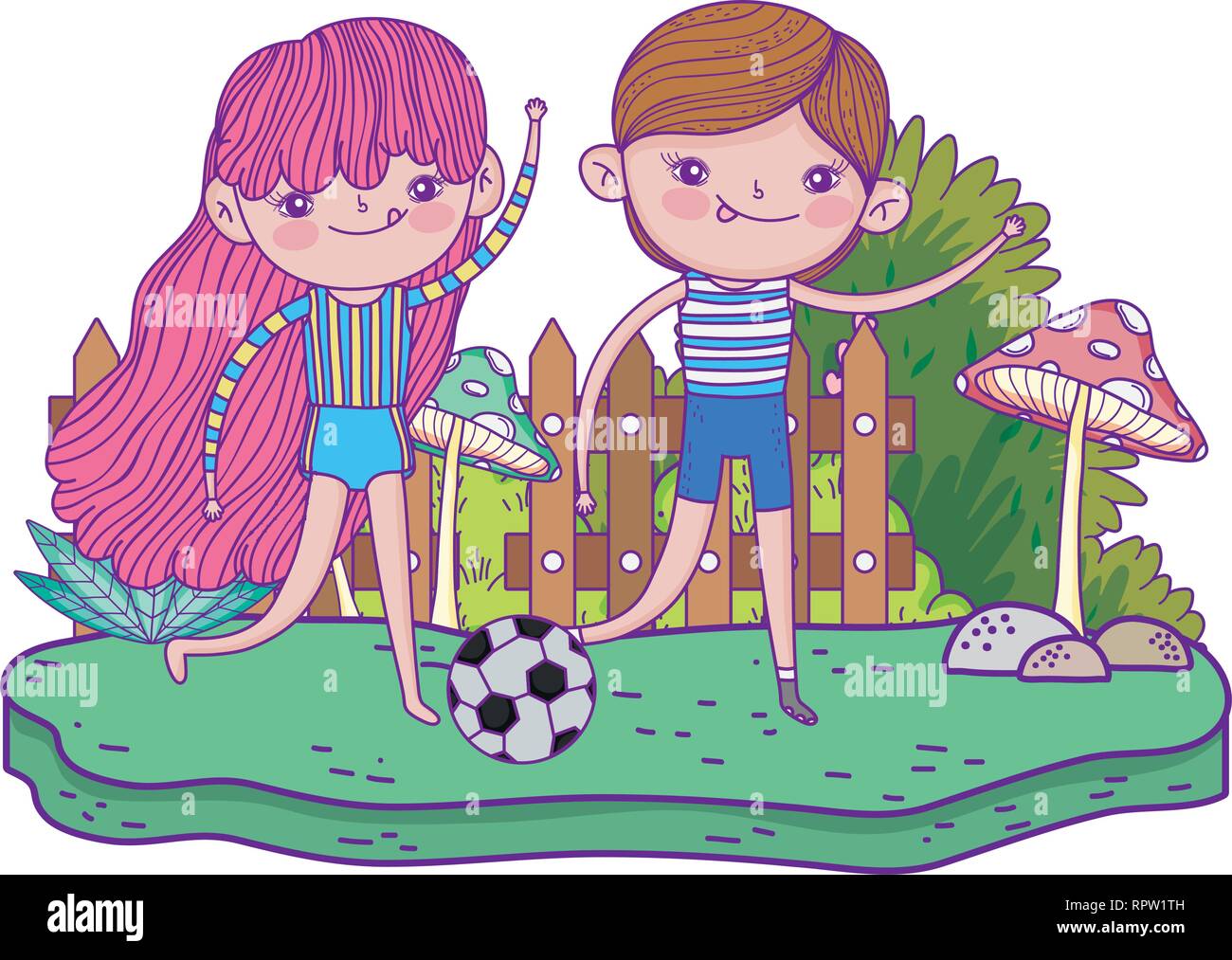 Cute little kids joue au soccer dans le paysage Illustration de Vecteur