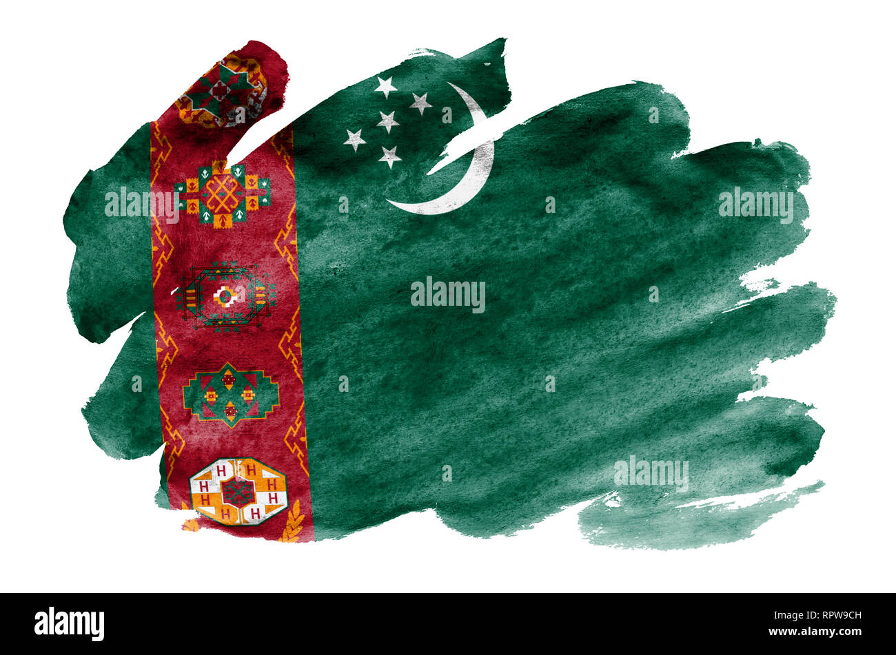 Le Turkménistan drapeau est représenté dans un style aquarelle liquide isolé sur fond blanc. Peinture imprudente avec ombrage image de drapeau national. Independen Banque D'Images