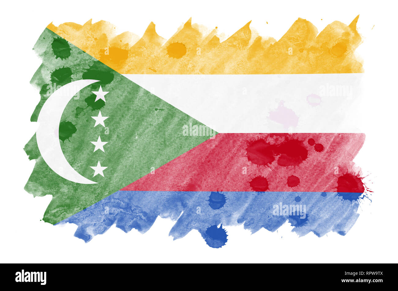 Comores drapeau est représenté dans un style aquarelle liquide isolé sur fond blanc. Peinture imprudente avec ombrage image de drapeau national. Indépendance Da Banque D'Images