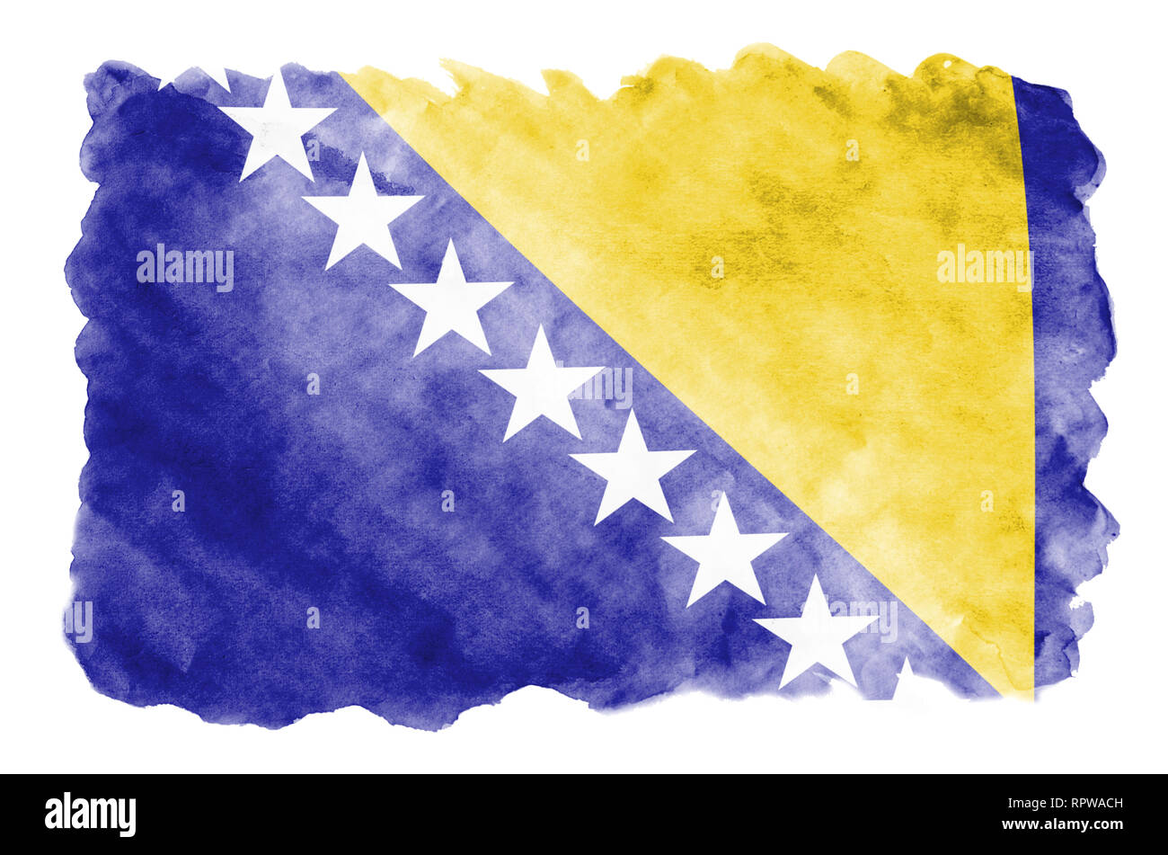 La Bosnie-et-Herzégovine drapeau est représenté dans un style aquarelle liquide isolé sur fond blanc. Peinture imprudente avec ombrage image de drapeau national. Banque D'Images