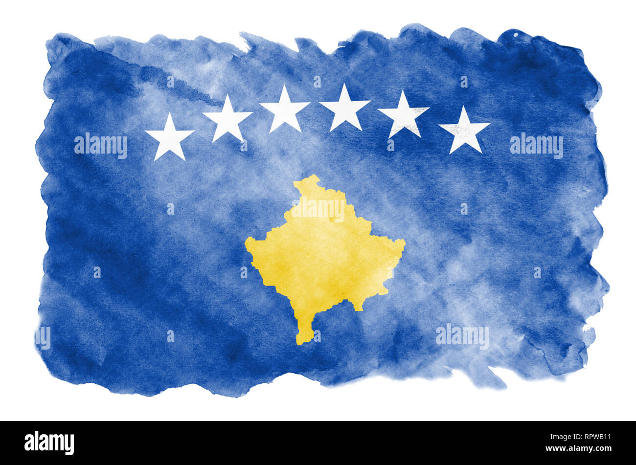 Drapeau du Kosovo est représenté dans un style aquarelle liquide isolé sur fond blanc. Peinture imprudente avec ombrage image de drapeau national. Date de l'indépendance Banque D'Images