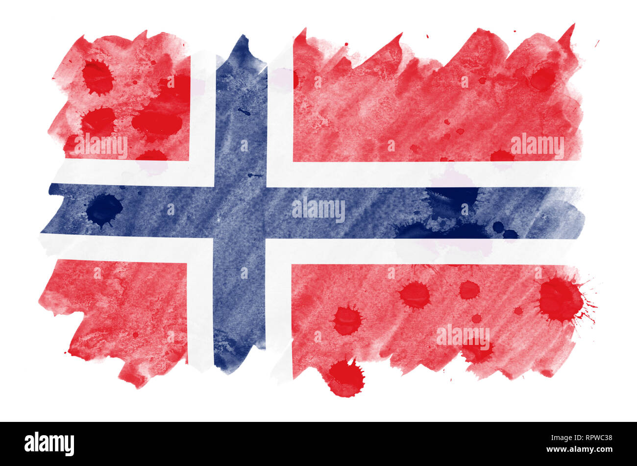 Drapeau de la Norvège est représenté dans un style aquarelle liquide isolé sur fond blanc. Peinture imprudente avec ombrage image de drapeau national. Date de l'indépendance Banque D'Images