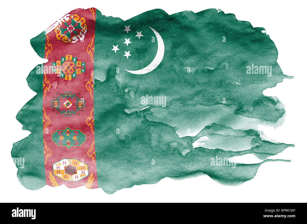 Le Turkménistan drapeau est représenté dans un style aquarelle liquide isolé sur fond blanc. Peinture imprudente avec ombrage image de drapeau national. Independen Banque D'Images
