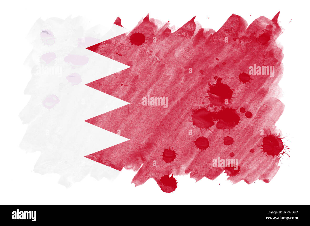 Bahreïn drapeau est représenté dans un style aquarelle liquide isolé sur fond blanc. Peinture imprudente avec ombrage image de drapeau national. Indépendance Da Banque D'Images