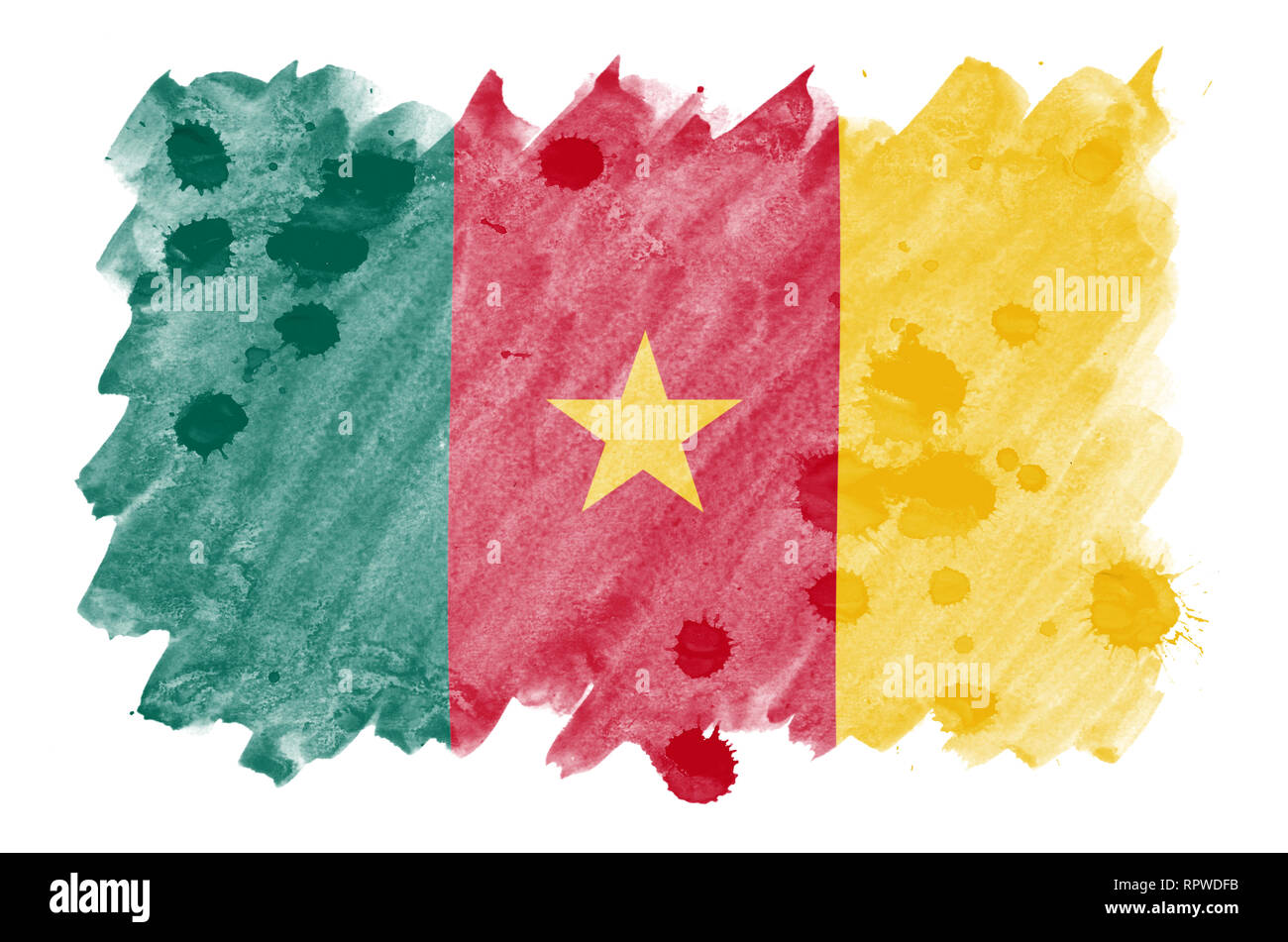 Cameroun drapeau est représenté dans un style aquarelle liquide isolé sur fond blanc. Peinture imprudente avec ombrage image de drapeau national. L'indépendance D Banque D'Images