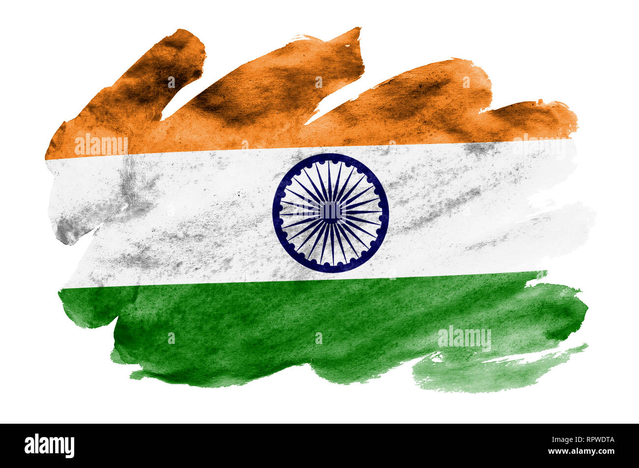 L'Inde drapeau est représenté dans un style aquarelle liquide isolé sur fond blanc. Peinture imprudente avec ombrage image de drapeau national. Date de l'indépendance Banque D'Images