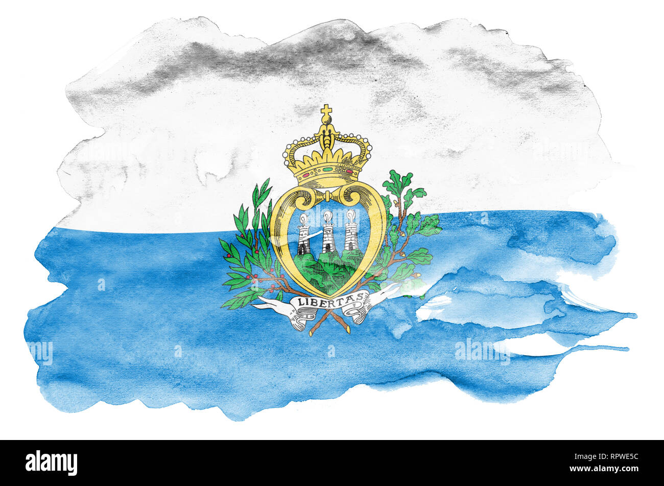 Saint-marin drapeau est représenté dans un style aquarelle liquide isolé sur fond blanc. Peinture imprudente avec ombrage image de drapeau national. L'indépendance Banque D'Images