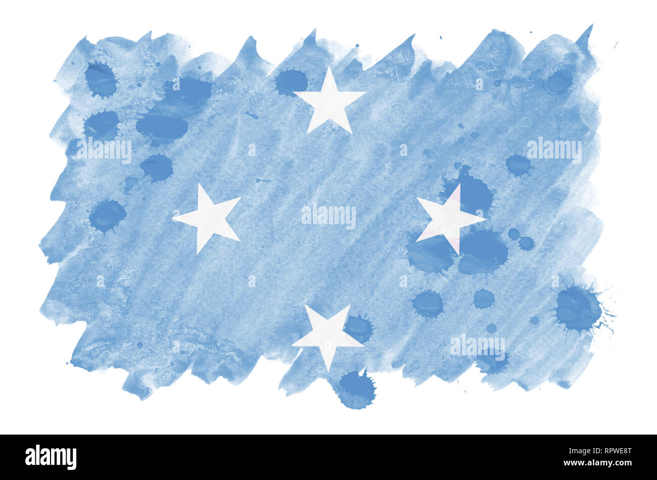 Micronésie drapeau est représenté dans un style aquarelle liquide isolé sur fond blanc. Peinture imprudente avec ombrage image de drapeau national. L'indépendance Banque D'Images