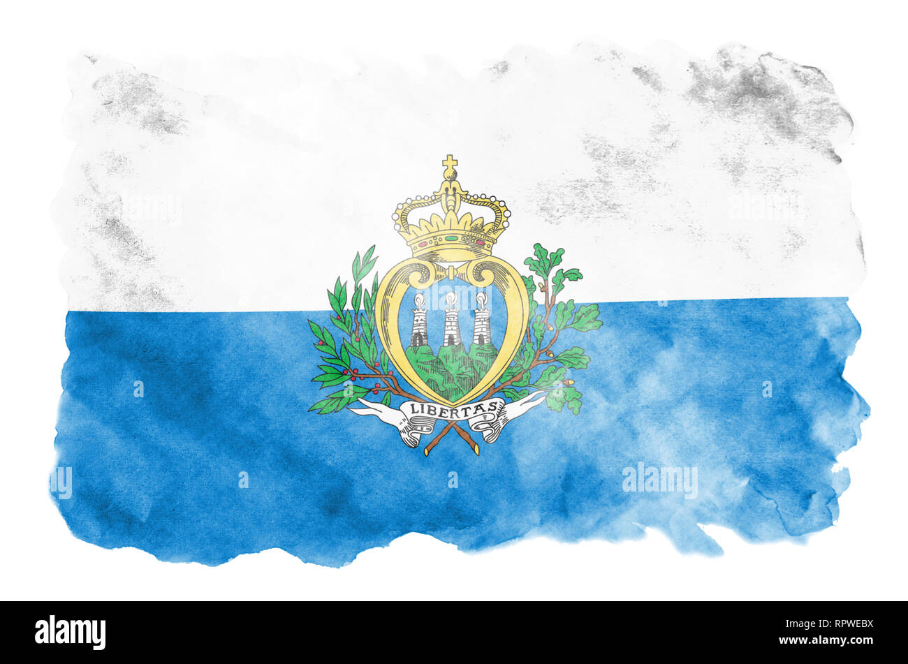 Saint-marin drapeau est représenté dans un style aquarelle liquide isolé sur fond blanc. Peinture imprudente avec ombrage image de drapeau national. L'indépendance Banque D'Images
