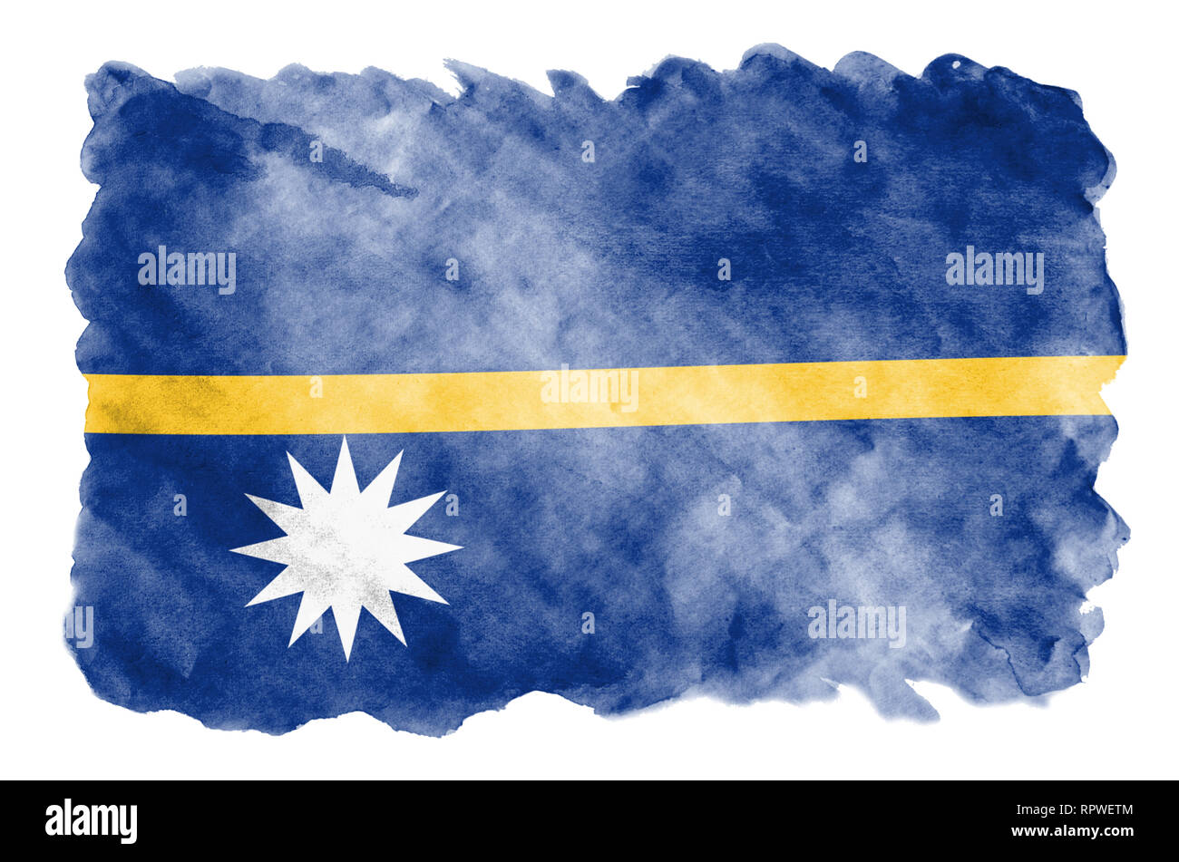 Nauru drapeau est représenté dans un style aquarelle liquide isolé sur fond blanc. Peinture imprudente avec ombrage image de drapeau national. Date de l'indépendance Banque D'Images