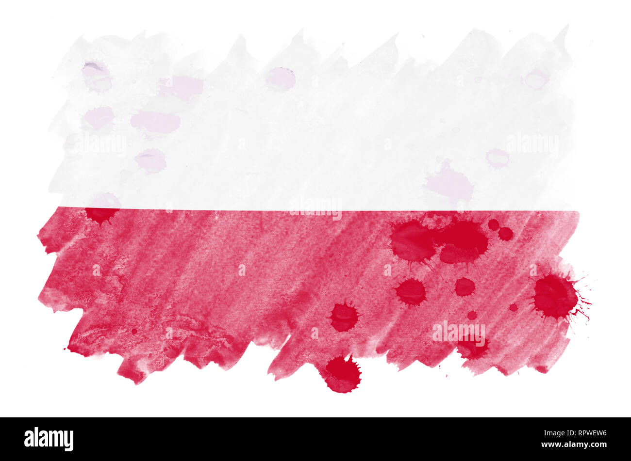 Pologne drapeau est représenté dans un style aquarelle liquide isolé sur fond blanc. Peinture imprudente avec ombrage image de drapeau national. Date de l'indépendance Banque D'Images