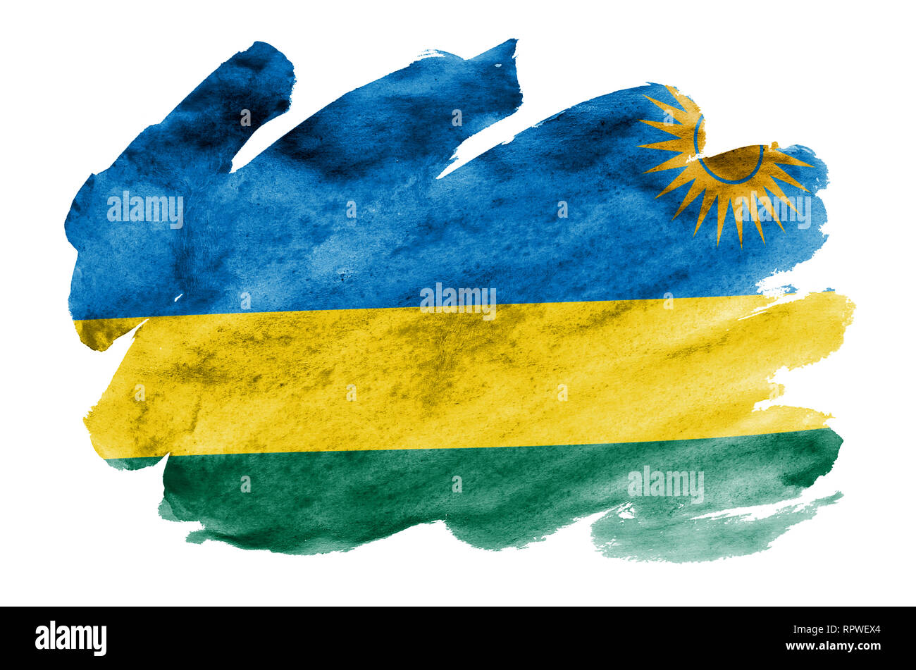 Le Rwanda drapeau est représenté dans un style aquarelle liquide isolé sur fond blanc. Peinture imprudente avec ombrage image de drapeau national. Date de l'indépendance Banque D'Images