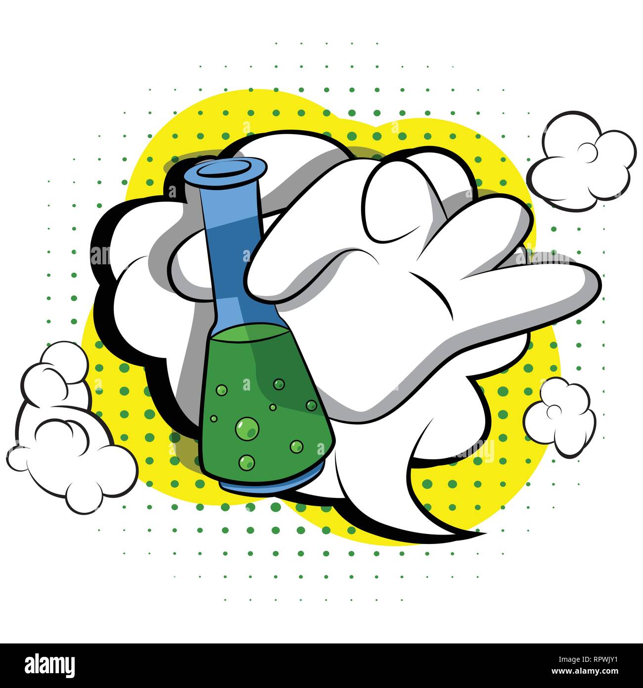 Vector cartoon main tenant un tube à essai. Bande dessinée illustration sur l'arrière-plan. Illustration de Vecteur