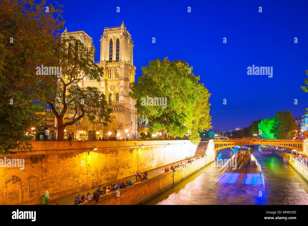 Quai de Seine et Notre Dame de Paris la nuit, France Banque D'Images
