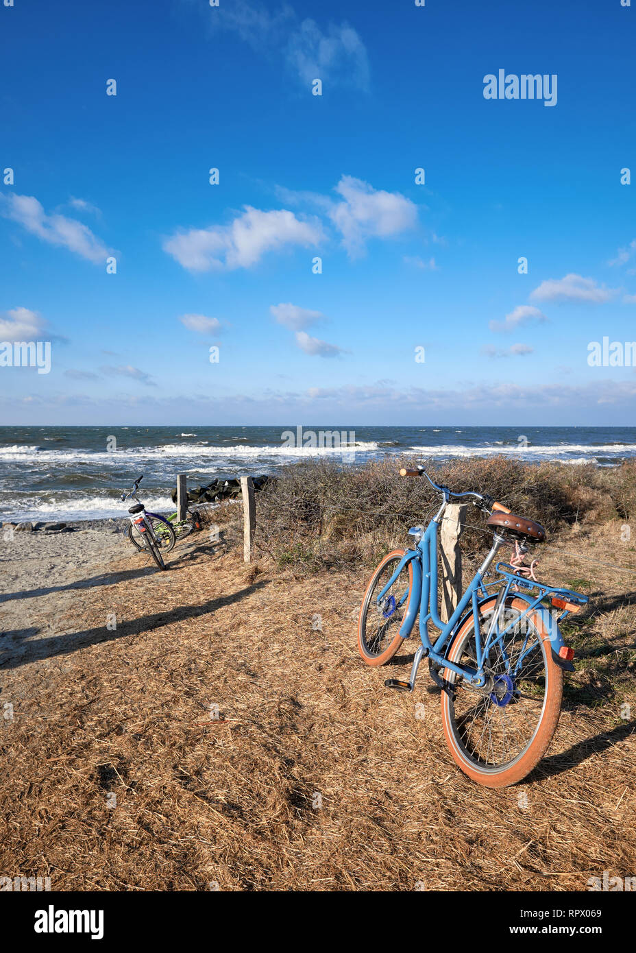Prêt de vélos par l'entrée de la plage sur l'île de Hiddensee, mer Baltique, du nord de l'Allemagne. Jour lumineux avec ciel bleu en automne ou en hiver. Banque D'Images