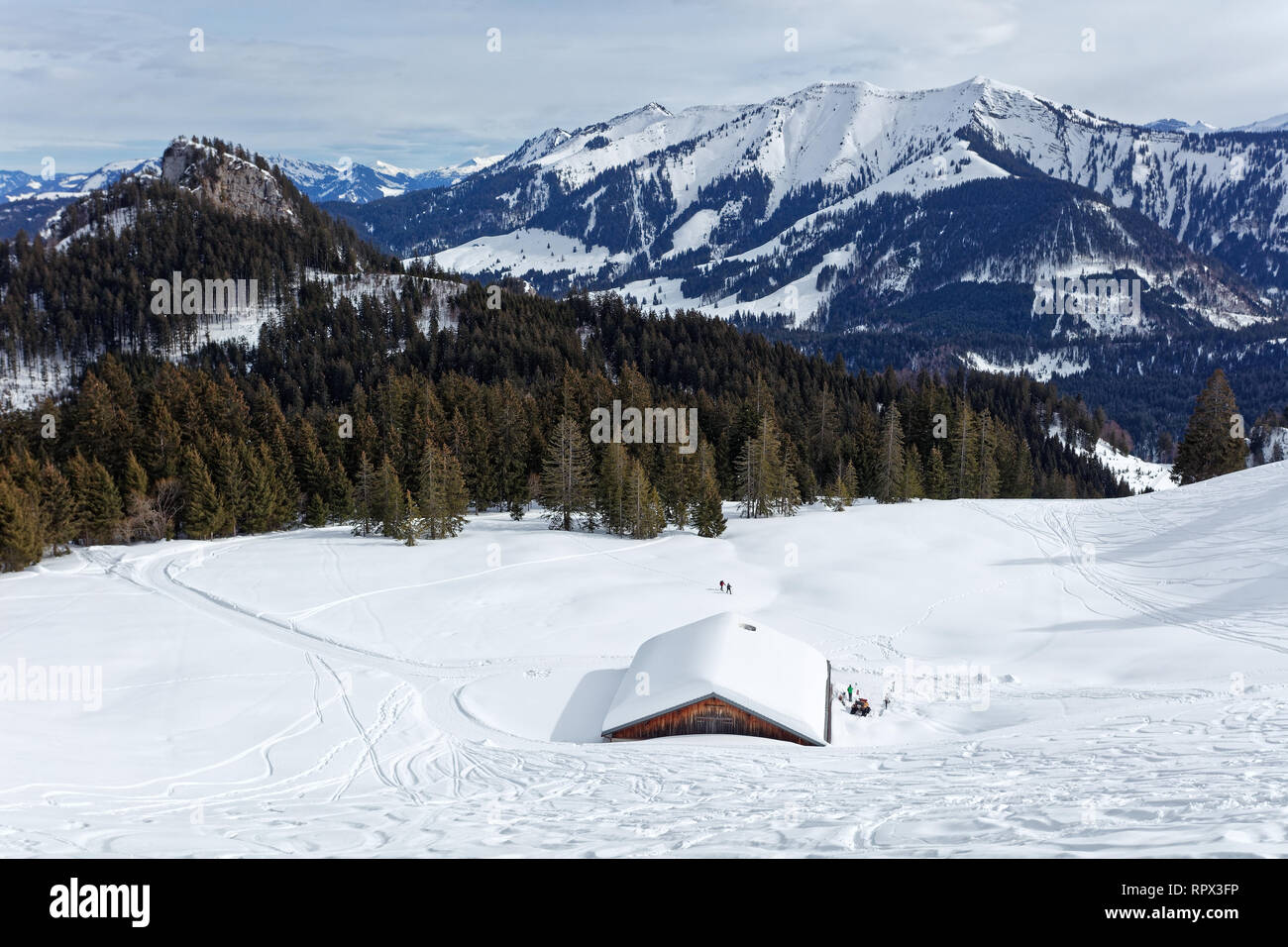 Aux personnes bénéficiant d'une journée ensoleillée à Hinterbergalpe - Vorarlberg, Autriche Banque D'Images