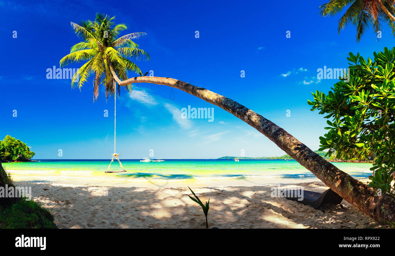 Nature Paysage paysages plage tropicale avec palmiers de noix de coco, l'eau de mer cristalline sur fond de ciel bleu Banque D'Images