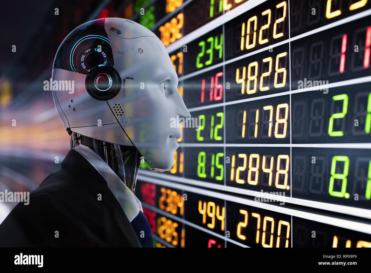 Technologie concept financier avec rendu 3D robot humanoïde analyser stock market Banque D'Images