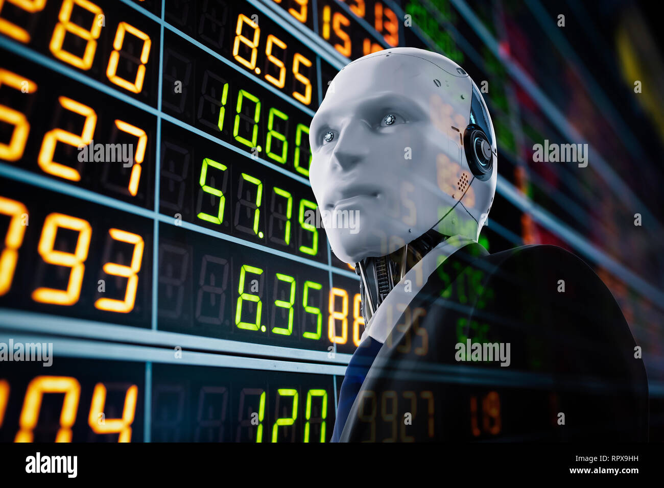 Technologie concept financier avec rendu 3D robot humanoïde analyser stock market Banque D'Images