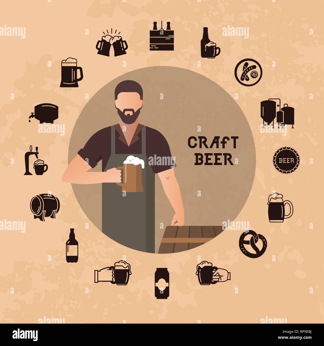 Brasserie brasseur d'une bière à la main montrant la bière près de barils dans le vector illustration Illustration de Vecteur