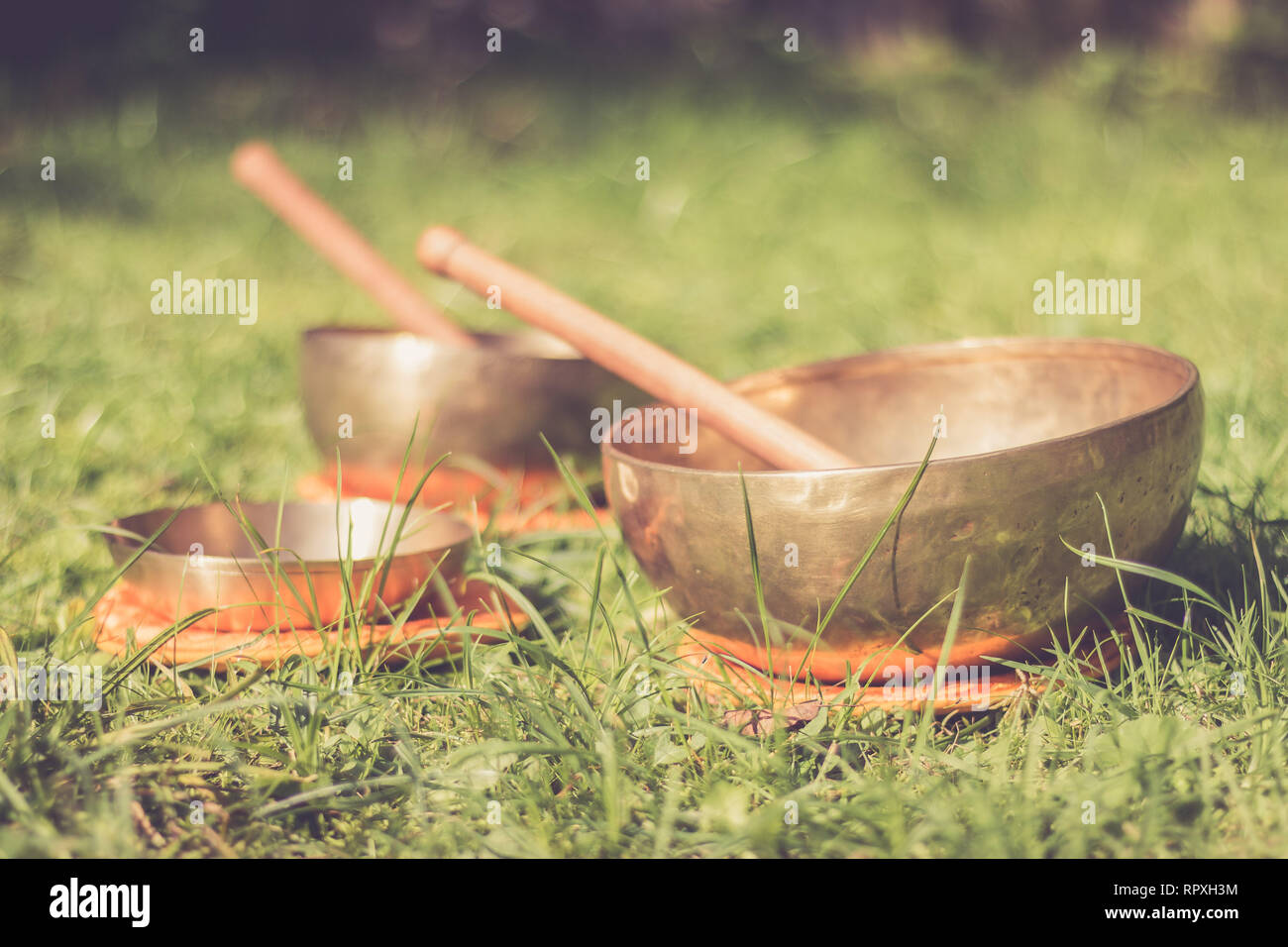 Ensemble de bols de métal dans l'herbe de son jardin, zen Banque D'Images