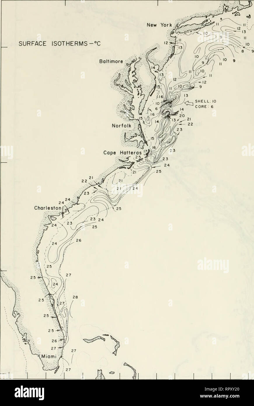 . Les thermomètre à rayonnement des mesures à partir de Cape Cod, Massachusetts à Miami, Floride, juillet 1970-juin 1976. La température de l'océan -- Côte Atlantique (U. S. ). Les isothermes de surface-°C Baltimore. Fms 100 Charlesto Figure 12. 80*75' W surface graphique mensuel isotherme, 18-20, 22, mai 1971 ro'W 16. Veuillez noter que ces images sont extraites de la page numérisée des images qui peuvent avoir été retouchées numériquement pour plus de lisibilité - coloration et l'aspect de ces illustrations ne peut pas parfaitement ressembler à l'œuvre originale.. Deaver, J. W ; Reed, J. C. Washington, D. C. : United States Coast Guard, l'océanographie Banque D'Images