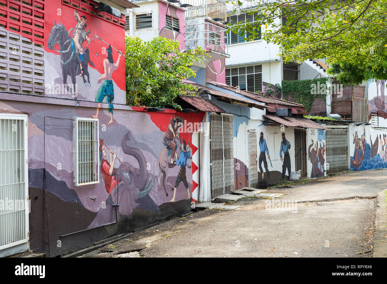 Peintures sur murs de maison le long de la rivière Melaka, Melaka, Malaisie. Banque D'Images