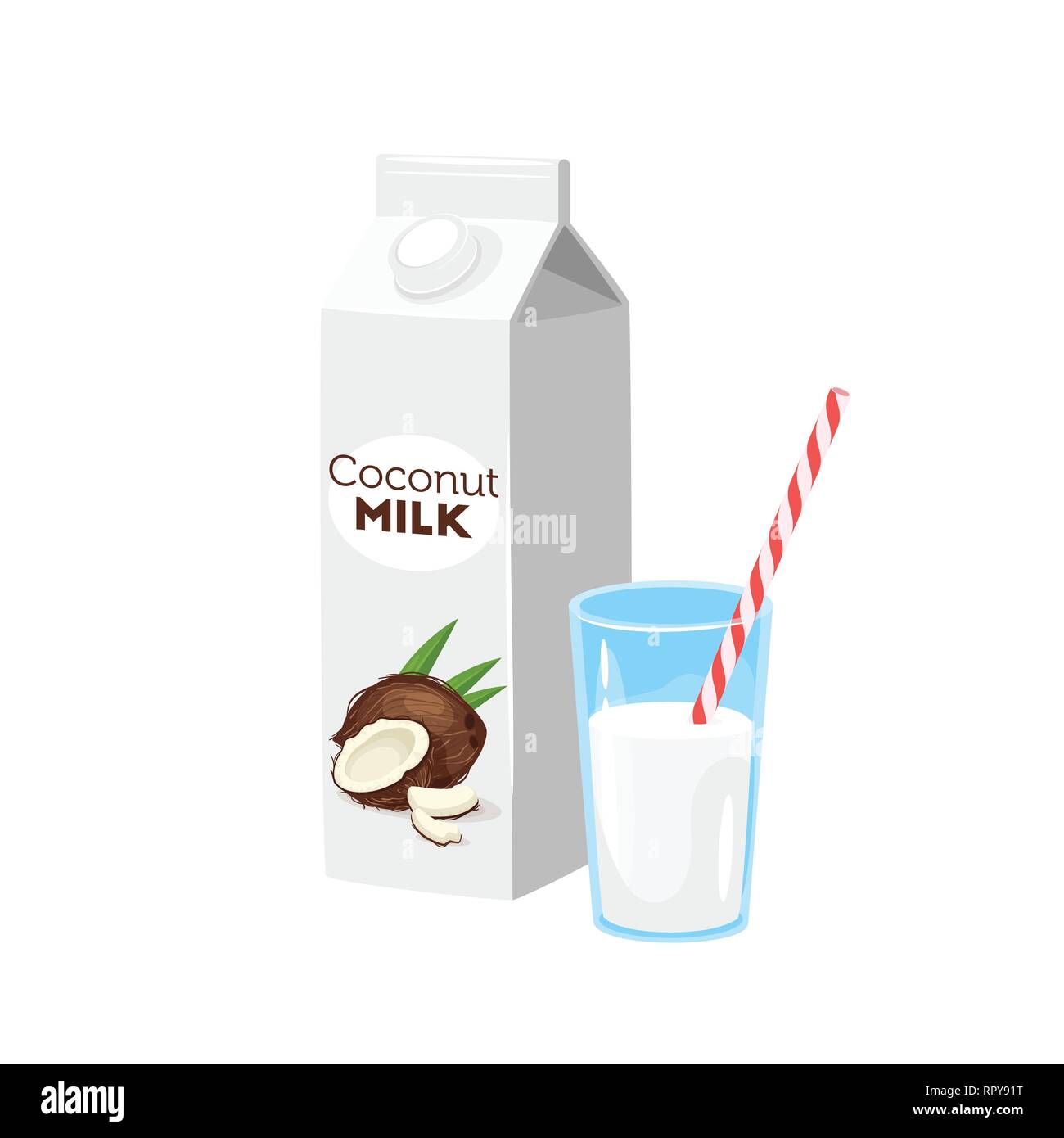 Pack papier végétarien de lait de coco avec du verre et paille. Vector illustration isolé sur fond blanc. Illustration de Vecteur