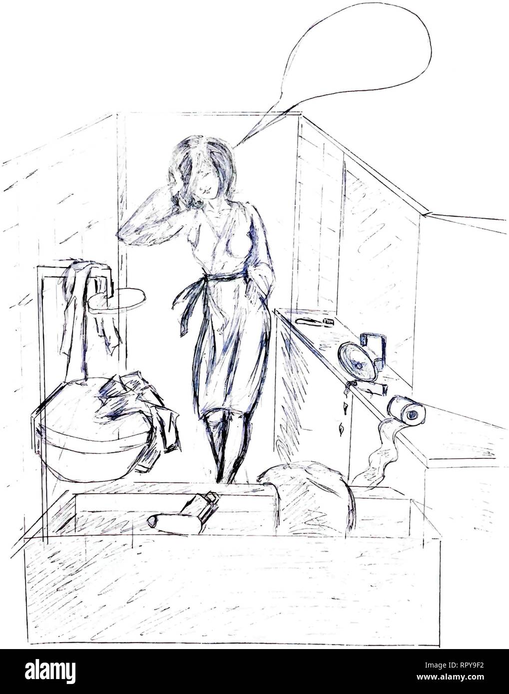 Fille peint la femme au foyer pour les tâches ménagères. L'image sur un fond blanc. L'image est dessiné avec un crayon. Illustration de Vecteur