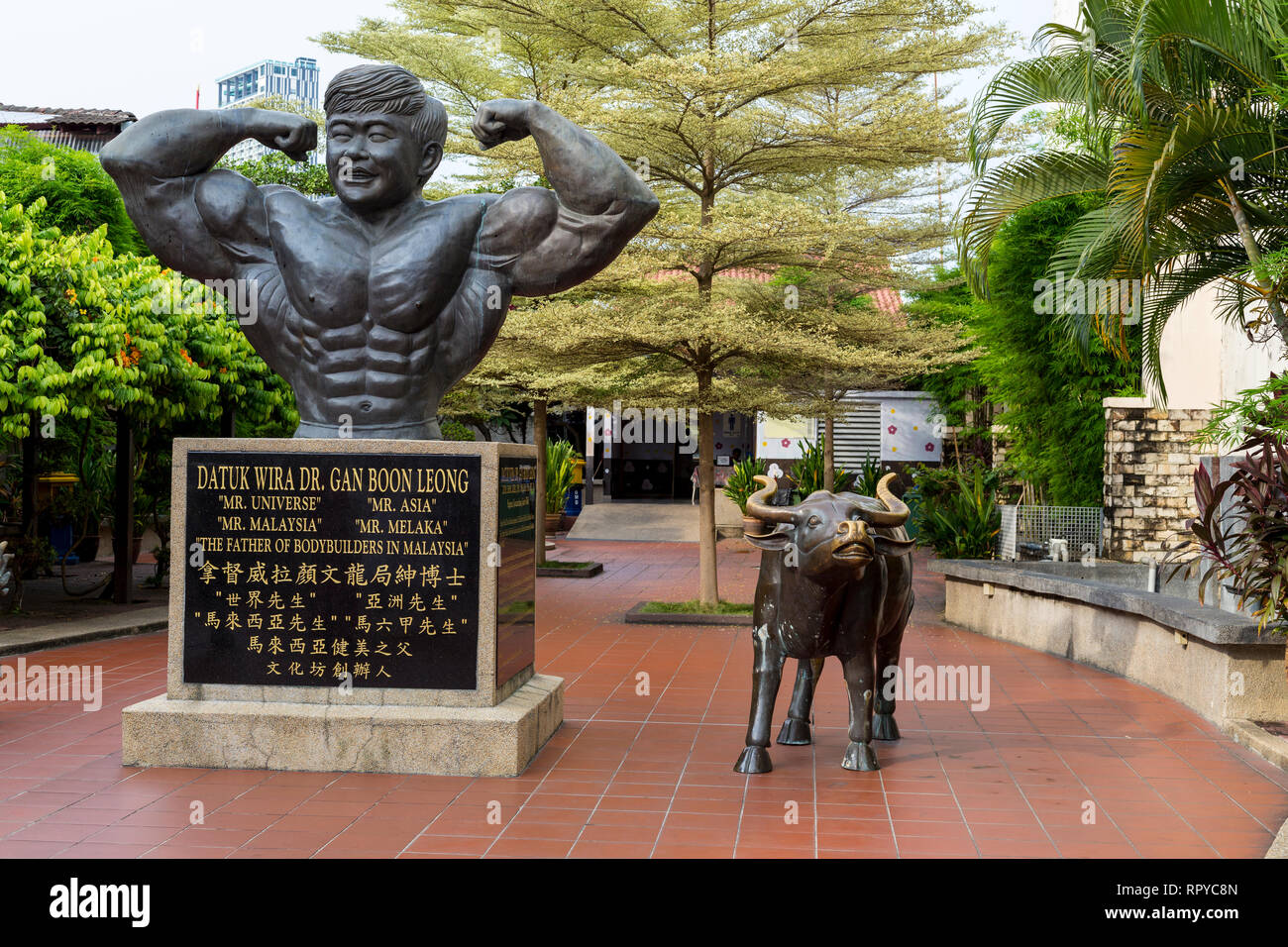 Boon Gan Leong Statue, père de culturisme de Malaisie, Melaka, Malaisie. Banque D'Images