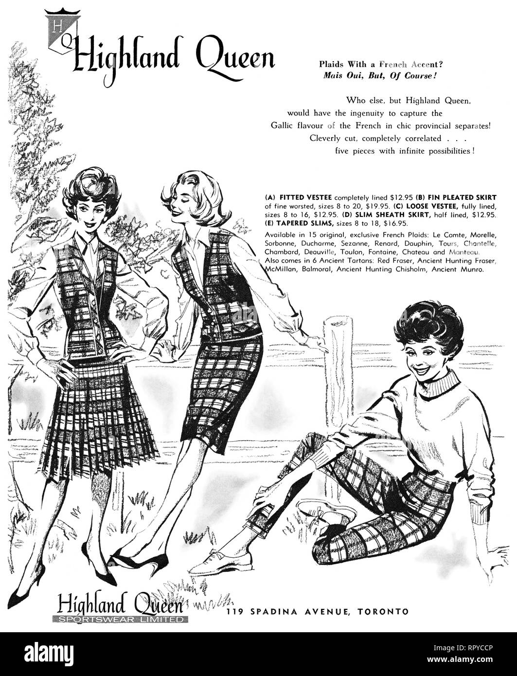 1959 publicité canadienne Highland Queen pour la mode féminine. Banque D'Images