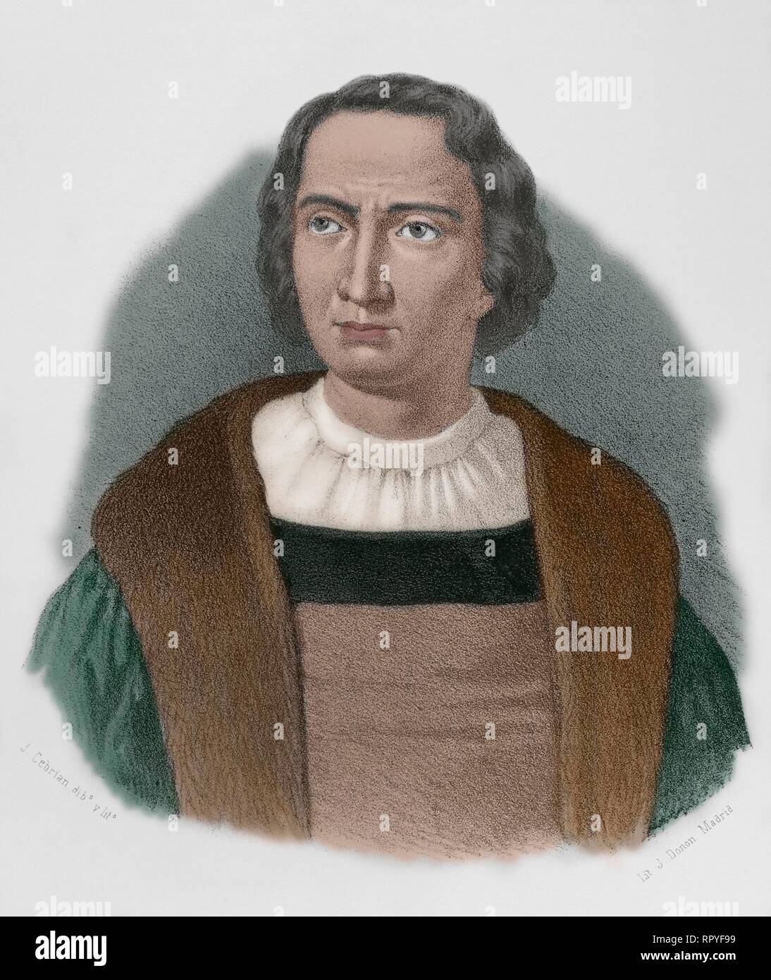Cristóbal Colón (1451 ? -1506). Navegante, l'almirante, virrey y gobernador General de las Indias Occidentales al servicio de la Corona de Castilla. Descubridor de América. Dibujo por Cebrián. Litografía. Coloreada. Retrato. Crónica general de España, Historia Ilustrada Descriptiva y de sus Provincias. L'Andalousie, 1867. Banque D'Images