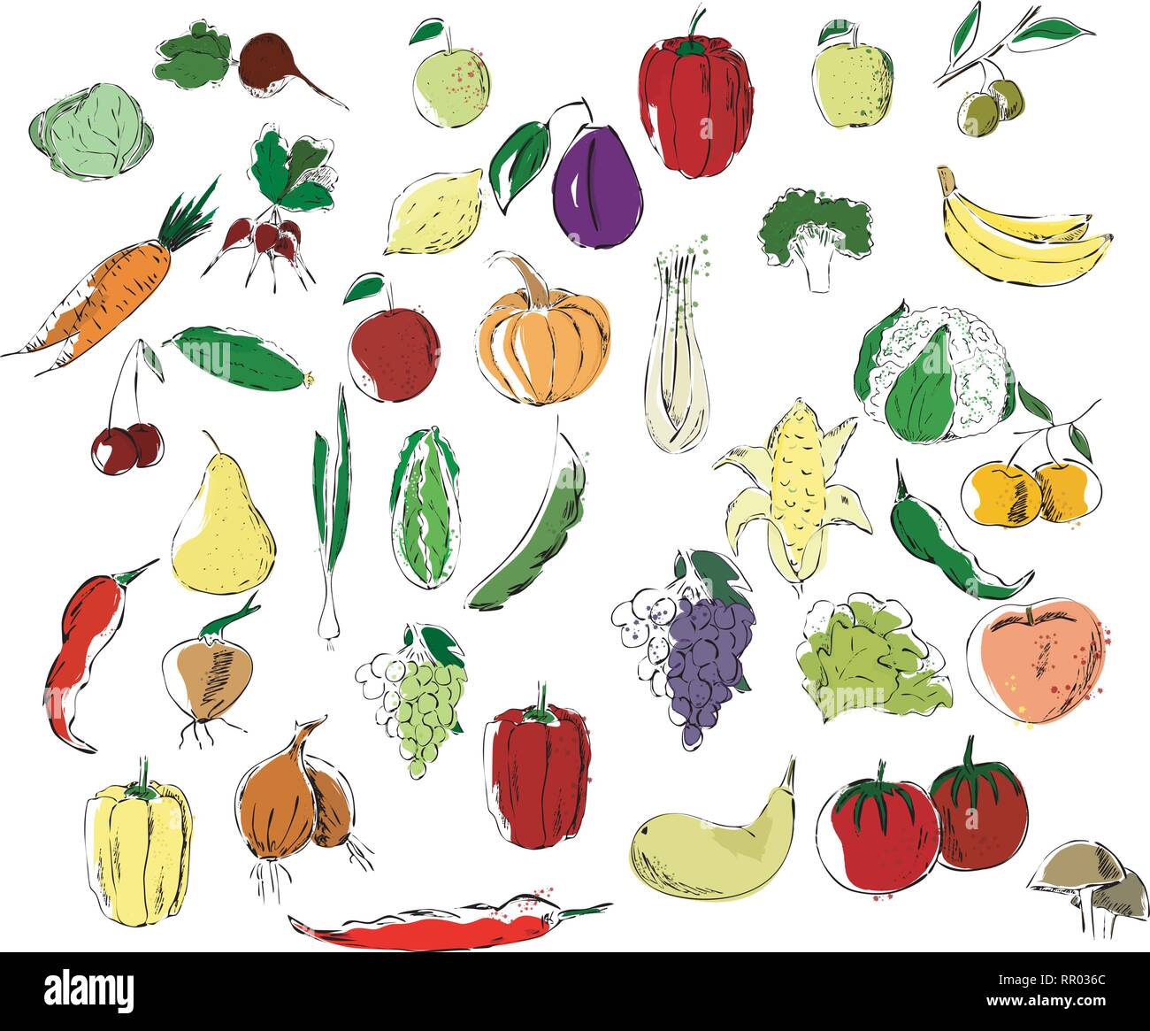 Un grand nombre de fruits et légumes à rayures noires sur un fond blanc, produits naturels Illustration de Vecteur