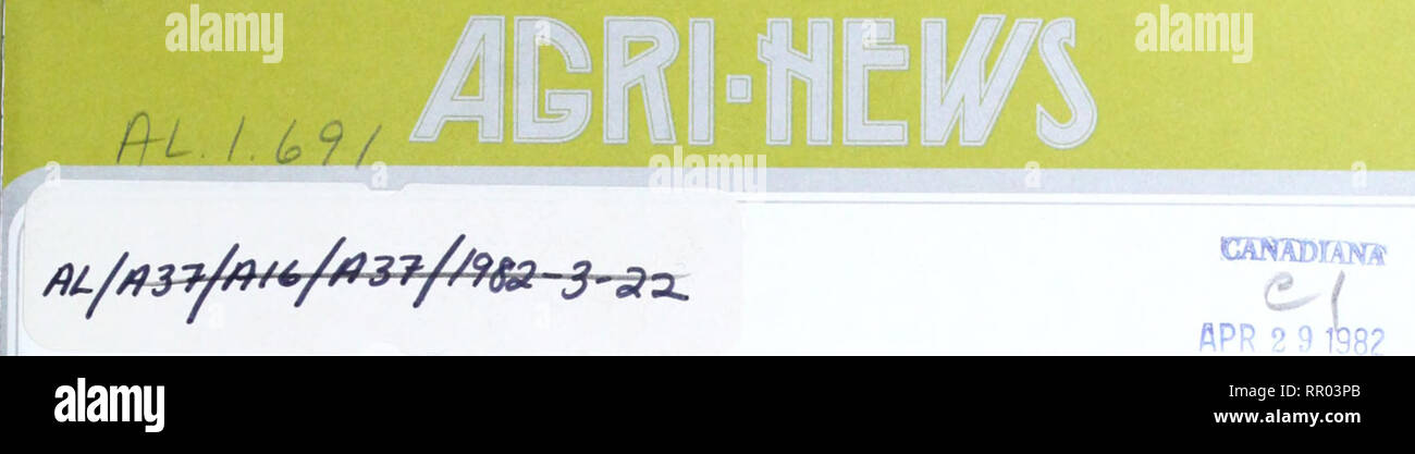 . Agri-news. L'agriculture. 1 UBRARY NATIONAL/LTOTIIEQUE3BI NATIONALE CANADA Mars 22, 1982 POUR PUBLICATION IMMÉDIATE Le boeuf de l'Alberta CETTE SEMAINE 1981 Bovins et moutons Support Program : Rapport de situation 1 bonne semence Mois 2 Producteurs laitiers peuvent être admissibles à l'Alberta 1981 bovins et ovins porcins 1981 Programme de soutien 4 ROP Résultats 5 ans juste pour micro-ordinateurs et à 6 La Foire aux semences provinciale 8 Commerce international Directeur - United States nommé 12 La production laitière de la Direction générale a nommé 13 Nutritionniste monogastriques nommé 14 Analyste de recherche nommé 15. Veuillez noter que ces images sont extracte Banque D'Images