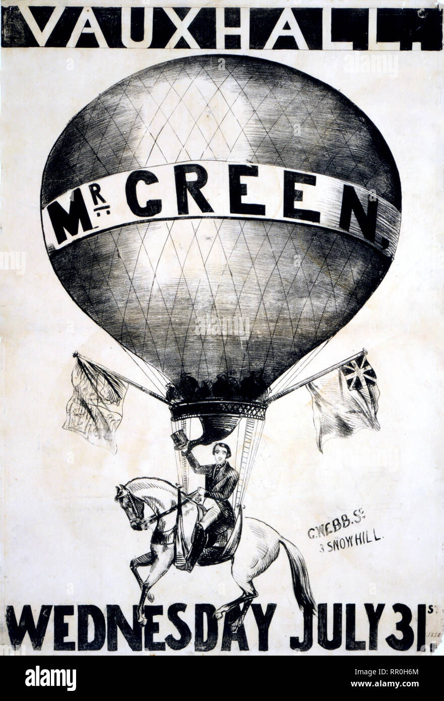 Vauxhall. M. Green, le mercredi, 31 Juillet - balloonist Charles Green à cheval suspendu à un ballon ballon ascendant pour annoncer dans les ascensions des jardins de Vauxhall Banque D'Images