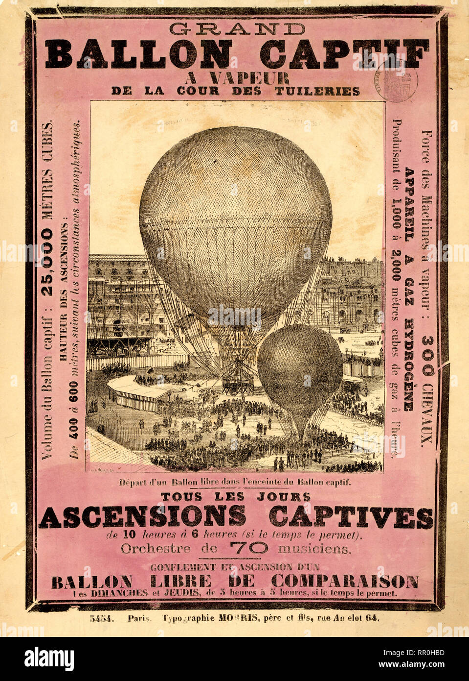 Broadside annonçant l'ascension d'Henri Giffard géant du ballon captif de la cour du jardin des Tuileries, Paris, probablement au cours de l'Exposition de Paris de 1878. Banque D'Images