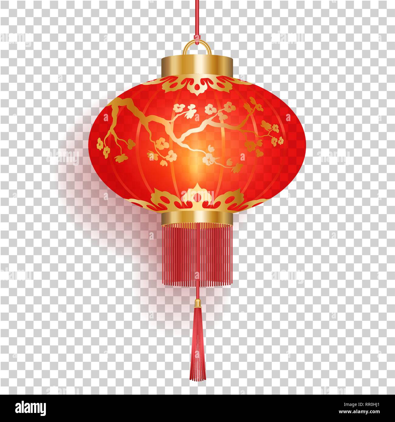 Lanterne chinoise rouge avec motifs sakura or isolé sur fond par tresse étamée Illustration de Vecteur