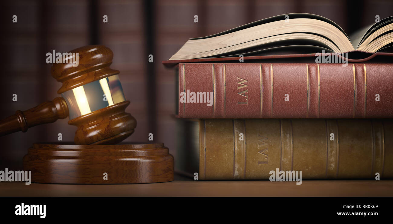La justice, la loi et concept juridique. Les livres de droit et du marteau du juge. 3d illustration Banque D'Images