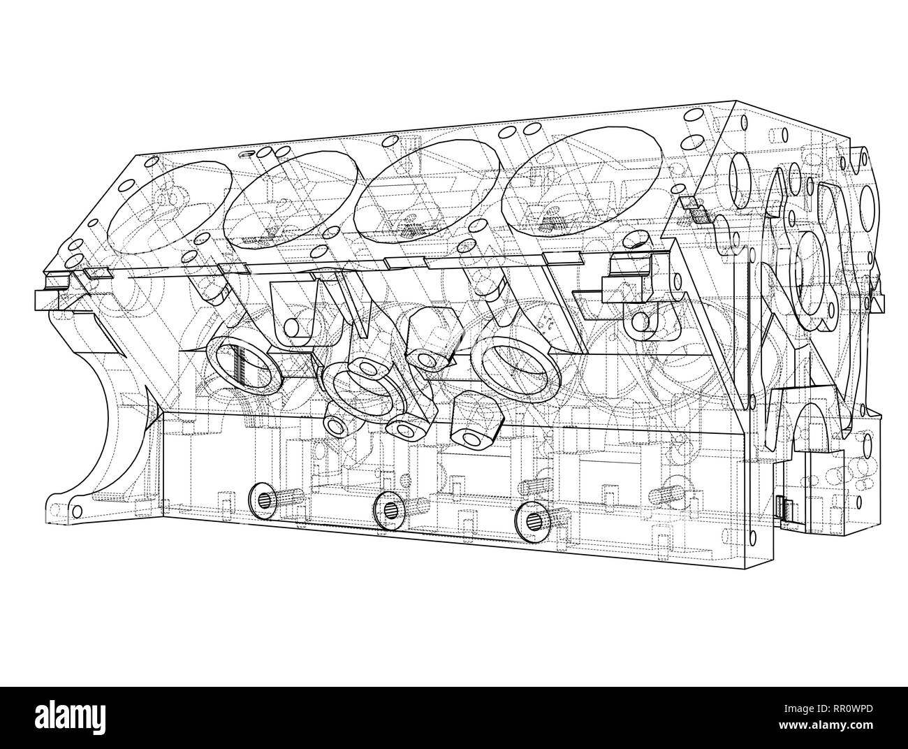 Croquis du bloc moteur. Le rendu 3D de vecteur Illustration de Vecteur