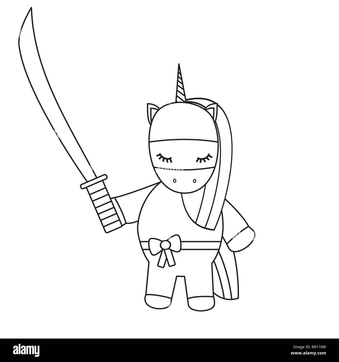 Cute cartoon noir et blanc licorne ninja épée avec l'illustration de l'art à colorier Illustration de Vecteur