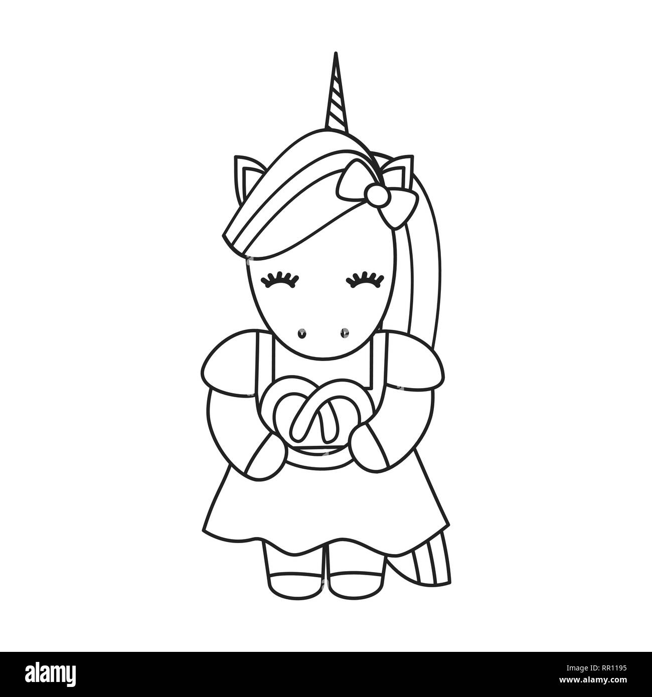 Cute cartoon noir et blanc licorne avec bretzel pour colorier art Illustration de Vecteur