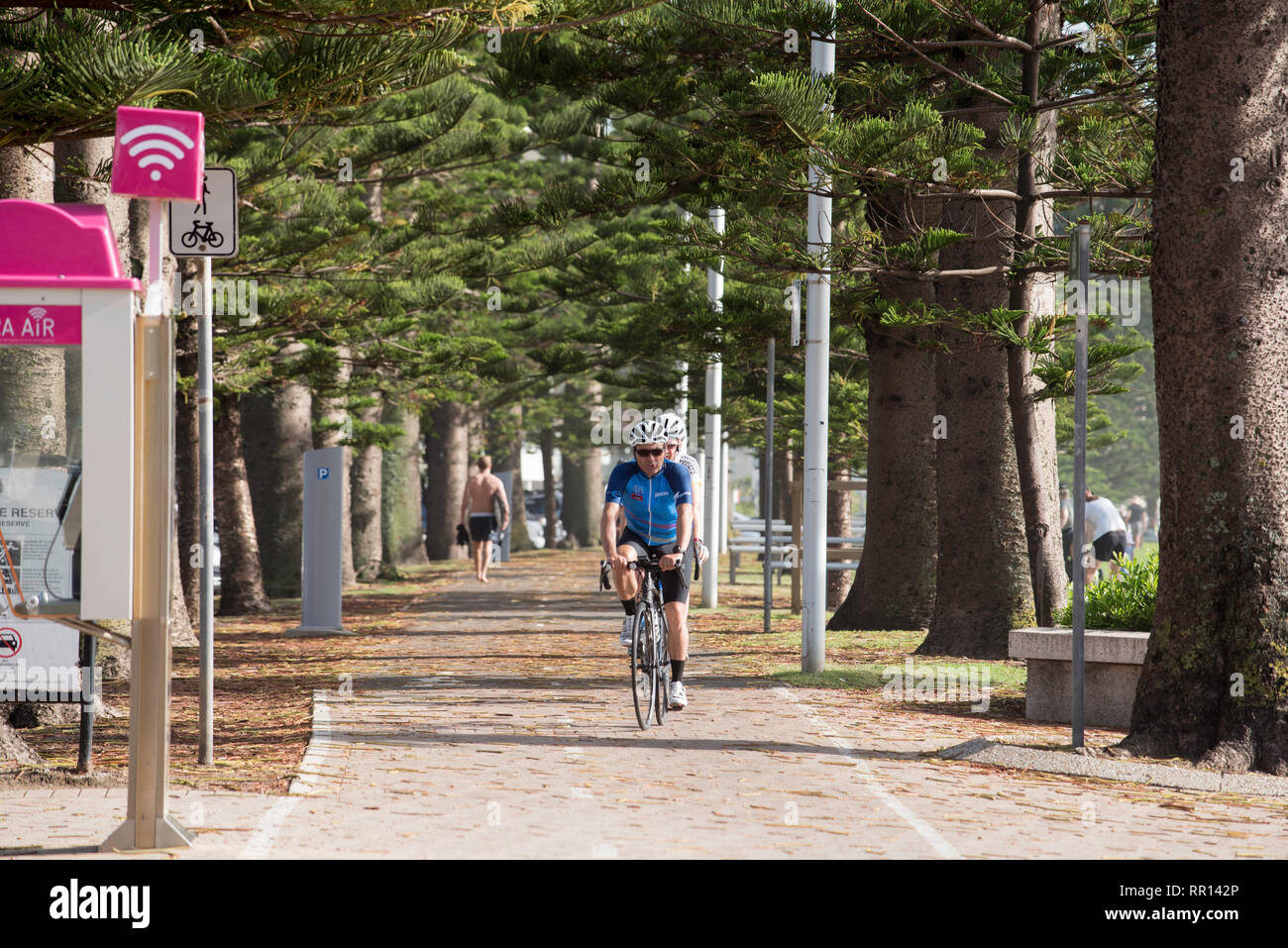 Les cyclistes sur le chemin partagé le long de North Steyne réserver tout juste de retour de la plage à Sydney Manly Beach, New South Wales, Australie Banque D'Images