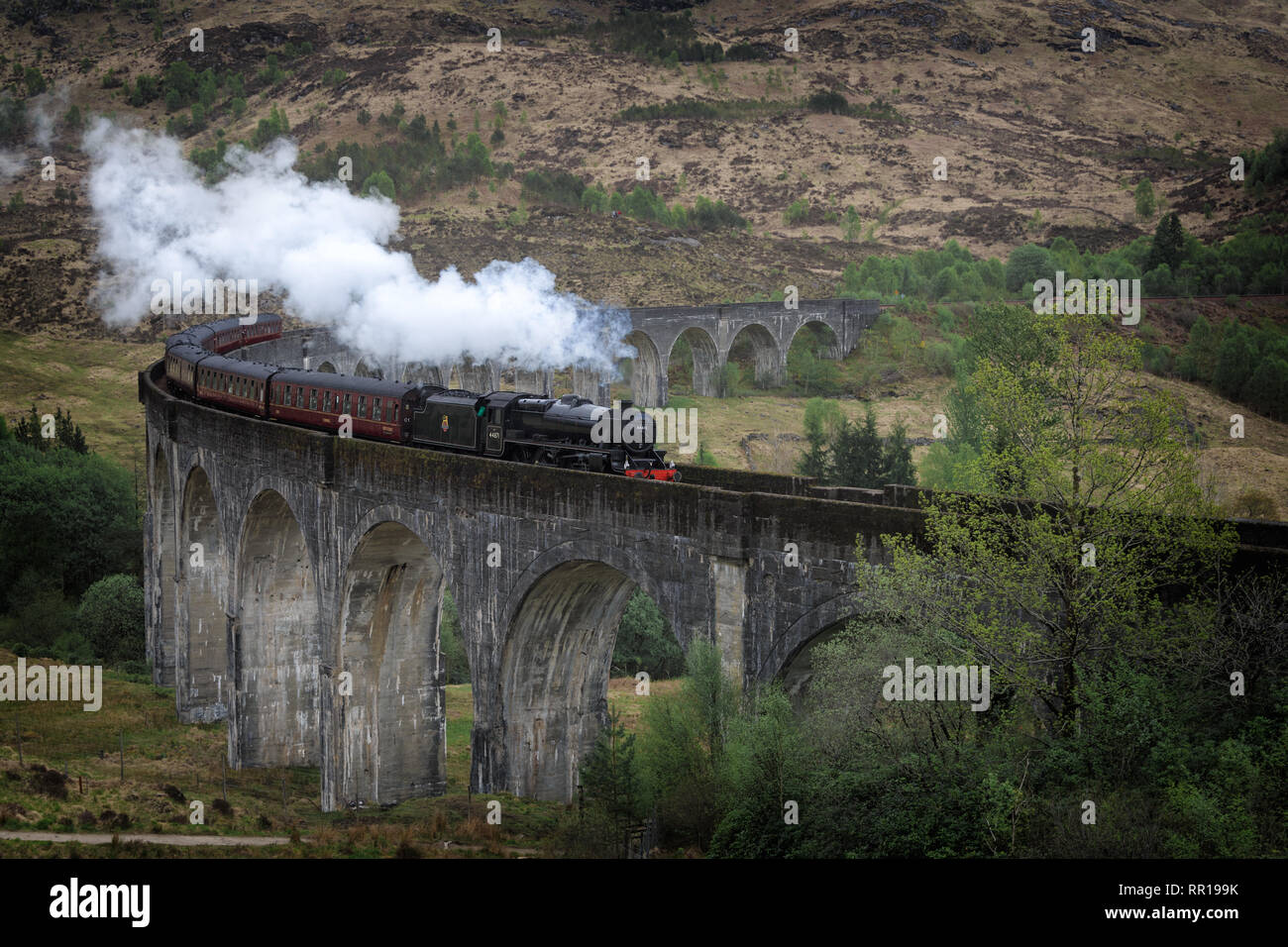 Le train à vapeur Jacobite traditionnelles en haute Glenfinnan viaduc de chemin dans un paysage à l'ouest des Highlands d'Écosse, au Royaume-Uni. Banque D'Images