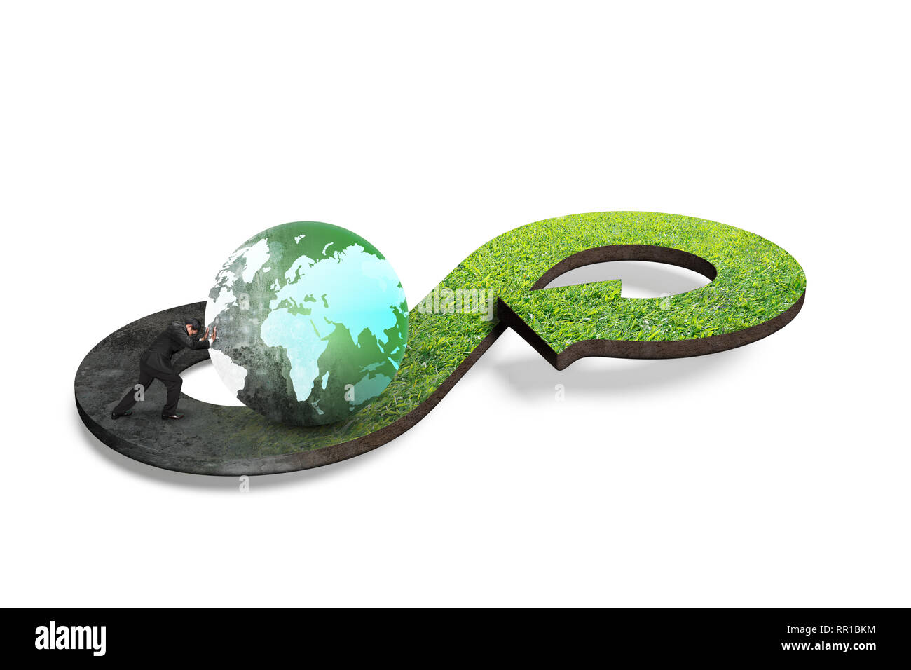 Concept d'économie circulaire. Symbole de flèche avec la texture de l'herbe man pushing globe, isolé sur fond blanc. Banque D'Images