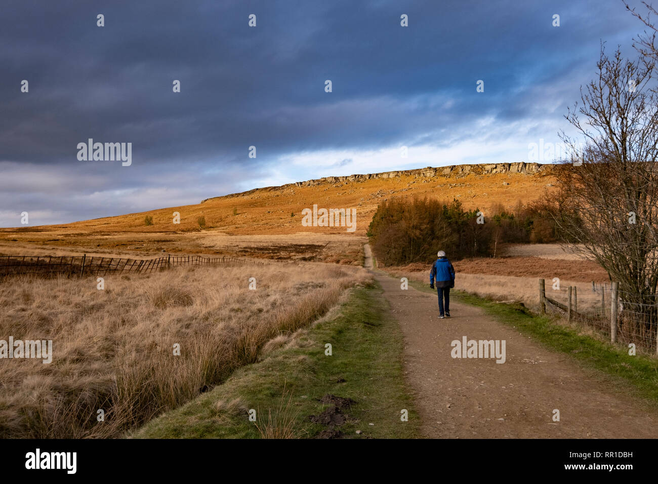 Homme marchant près de Stanage Edge, Peak District, UK en hiver Banque D'Images
