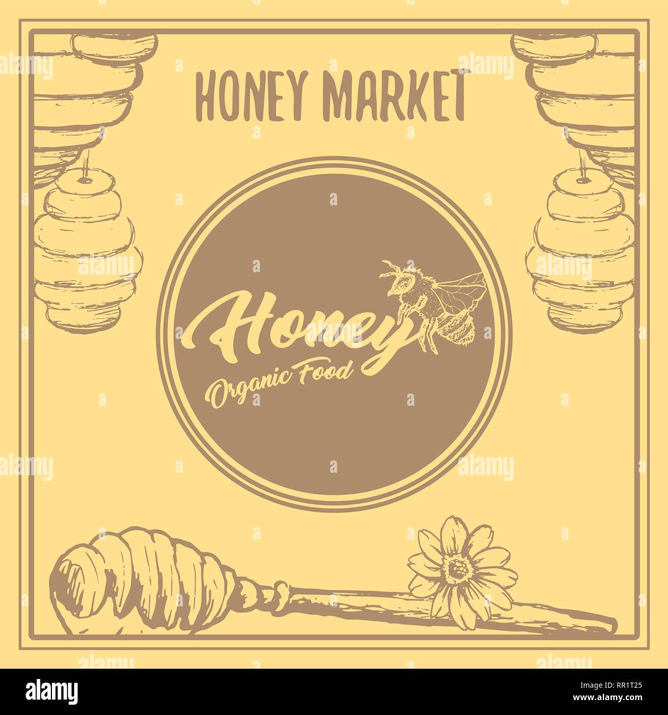 La conception de l'affiche de l'Abeille avec Logo cercle croquis et éléments d'abeilles. Vintage jaune Illustration dessiné à la main. Lettrage à la main. Illustration de Vecteur