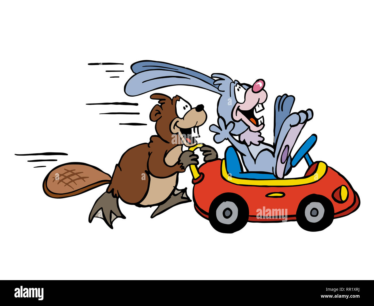 Le castor et le lapin jouant avec une petite voiture Banque D'Images