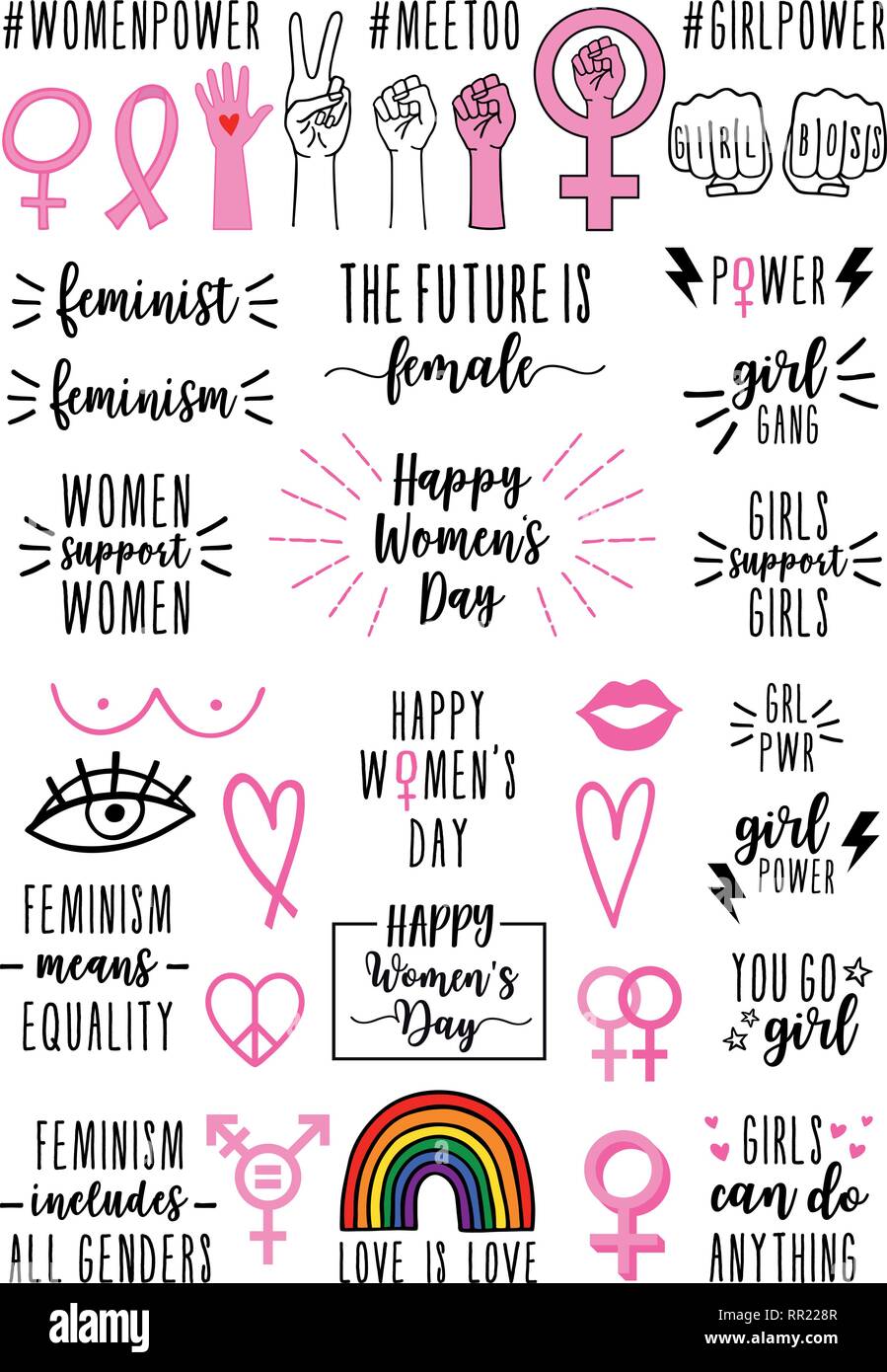 Signes et symboles féministes, icônes dessinés à la main, main lettrage, citations, ensemble d'éléments de conception graphique de vecteur Illustration de Vecteur