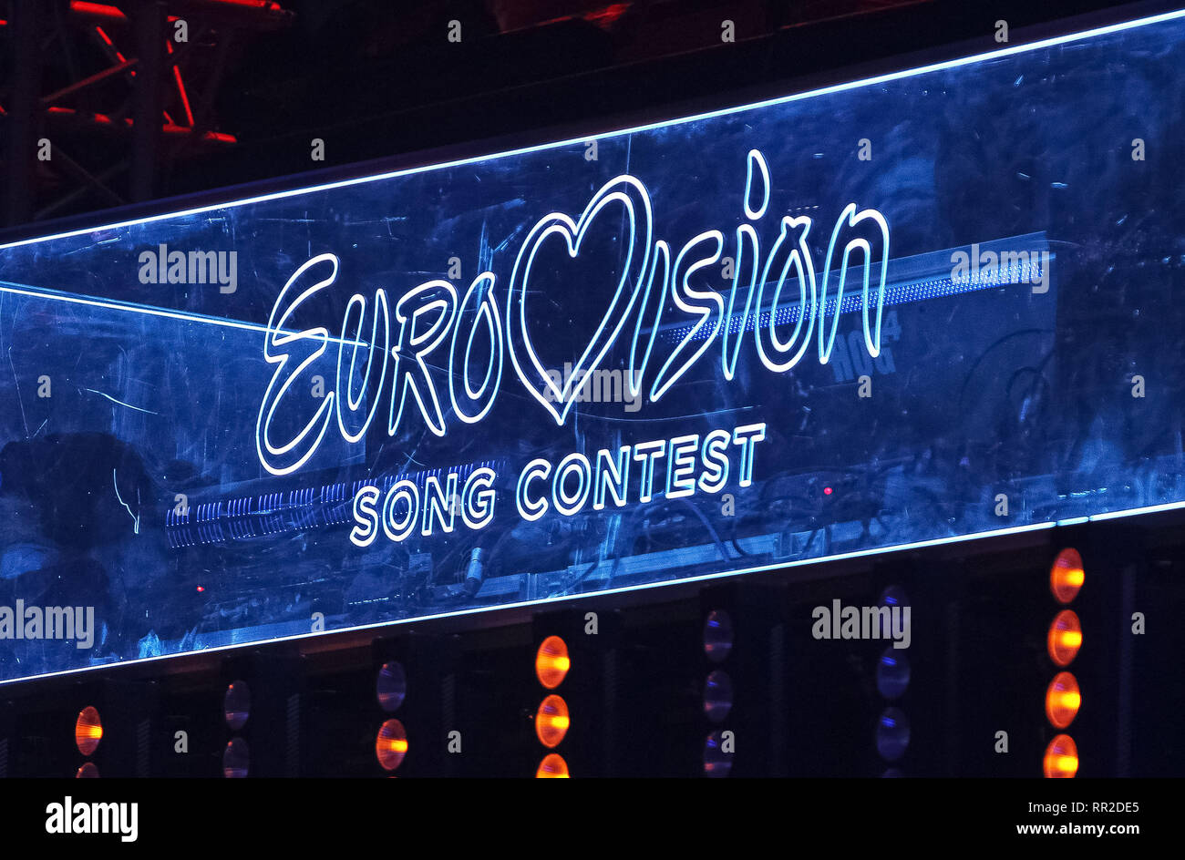 Logo du Concours Eurovision de la chanson est visible pendant l'Eurovision Song Contest 2019 (ESC) final de sélection nationale à Kiev. La chanteuse ukrainienne sera MARUV représente l'Ukraine au cours de l'Eurovision 2019 contest à Tel-Aviv en mai 2019. Banque D'Images